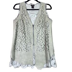 Multiples Vest Womens Small Vegan Leather Floral Lace Boho Hippy Lagenlook